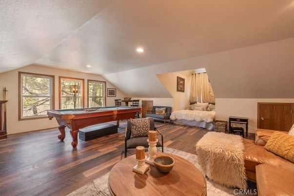 Billiard Table, Fireplace, Game Room, Interior, Recessed Lighting, Wood Texture Flooring