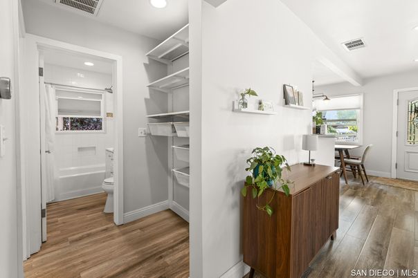 Dining room, Interior, Recessed Lighting, Wood Texture Flooring