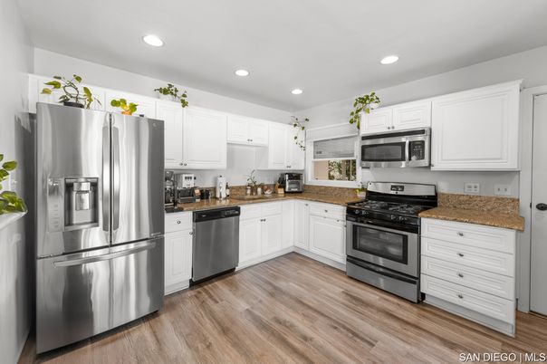 Interior, Kitchen, Recessed Lighting, Stainless Steel Appliances, Wood Texture Flooring