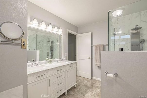 Bathroom, Dual Sink Vanities, Glass Shower, Interior, Marble Walls