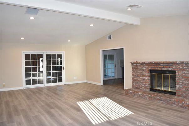 Empty room, Fireplace, Interior, Recessed Lighting, Wood Texture Flooring