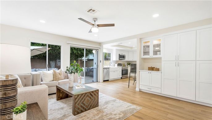 Interior, Kitchen, Living room, Recessed Lighting, Stainless Steel Appliances, Wood Texture Flooring