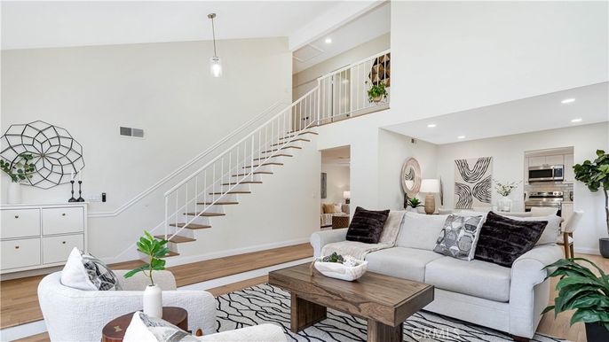 Interior, Living room, Pendant Lights, Recessed Lighting, Stainless Steel Appliances, Wood Texture Flooring