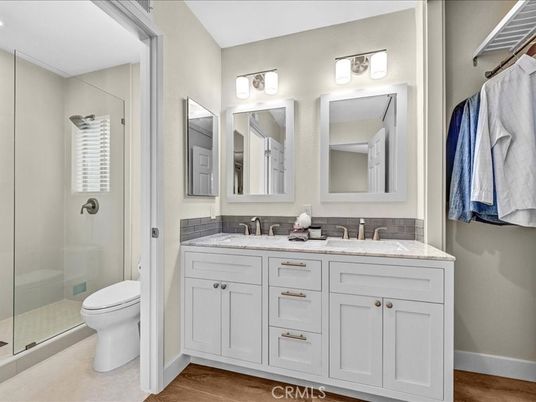 Bathroom, Dual Sink Vanities, Interior, Walk-in Closets, Wood Texture Flooring