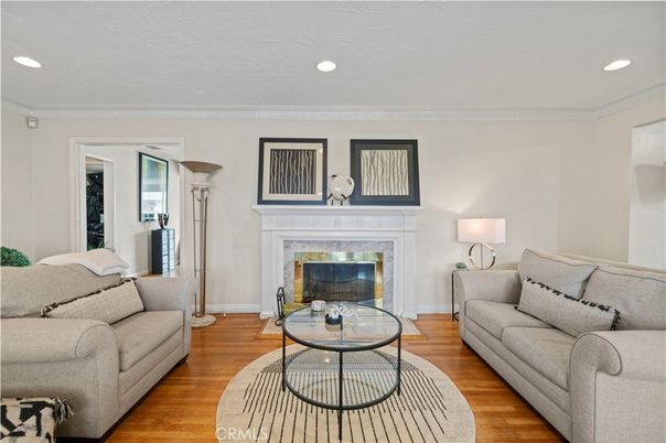 Fireplace, Interior, Living room, Recessed Lighting, Wood Texture Flooring
