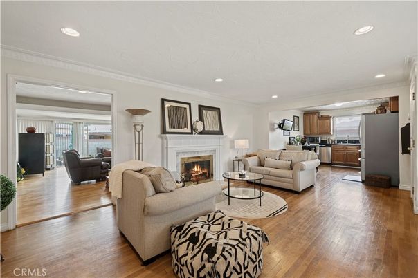 Fireplace, Interior, Kitchen, Living room, Recessed Lighting, Wood Texture Flooring