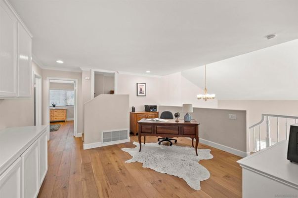 Chandelier, Home Office, Interior, Recessed Lighting, Wood Texture Flooring