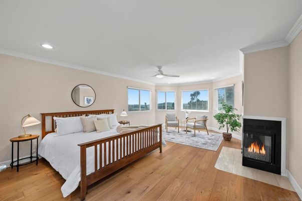 Bedroom, Fireplace, Interior, Recessed Lighting, Wood Texture Flooring