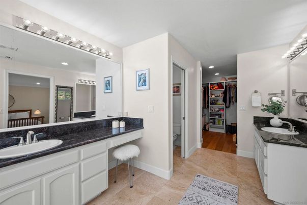 Bathroom, Dual Sink Vanities, Interior, Recessed Lighting, Wood Texture Flooring