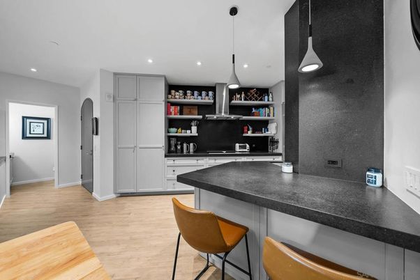 Interior, Kitchen, Pendant Lights, Recessed Lighting, Wood Texture Flooring