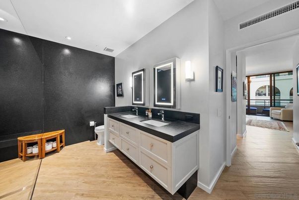 Bathroom, Dual Sink Vanities, Interior, Recessed Lighting, Wood Texture Flooring