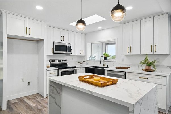 Interior, Kitchen, Pendant Lights, Recessed Lighting, Stainless Steel Appliances, Wood Texture Flooring