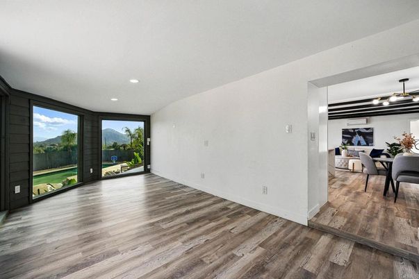 Dining room, Empty room, Interior, Recessed Lighting, Wood Texture Flooring