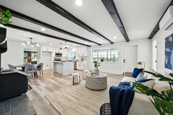 Dining room, Interior, Kitchen, Living room, Pendant Lights, Recessed Lighting, Stainless Steel Appliances, Wooden Beams, Wood Texture Flooring