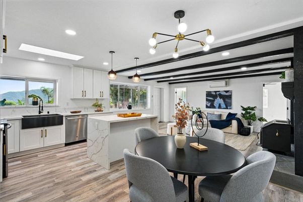 Dining room, Interior, Kitchen, Pendant Lights, Recessed Lighting, Stainless Steel Appliances, Wood Texture Flooring