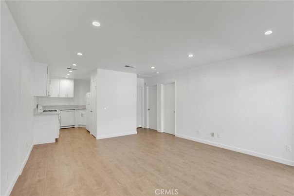 Empty room, Interior, Kitchen, Recessed Lighting, Wood Texture Flooring