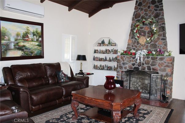 Fireplace, Interior, Living room, Stone Walls, Wooden Beams, Wood Texture Flooring
