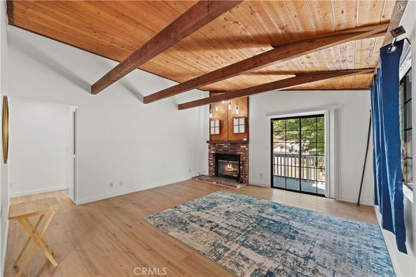 Empty room, Fireplace, Interior, Wooden Beams, Wooden Ceilings, Wood Texture Flooring