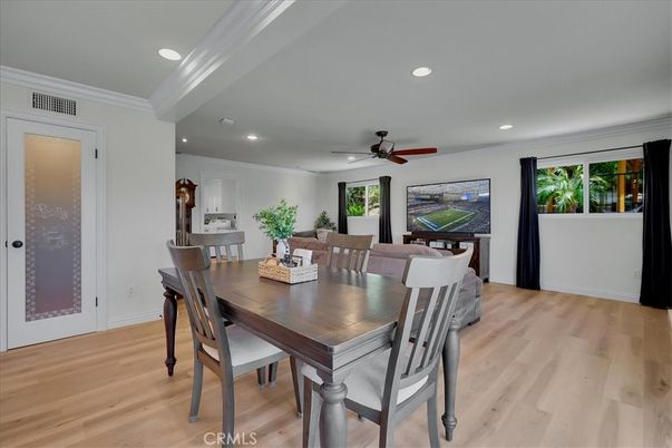 Dining room, Interior, Recessed Lighting, Wood Texture Flooring