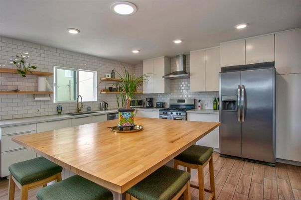 Interior, Kitchen, Recessed Lighting, Stainless Steel Appliances, Stone Walls, Wood Texture Flooring