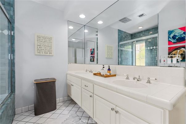 Bathroom, Dual Sink Vanities, Interior, Recessed Lighting, Tile Countertops