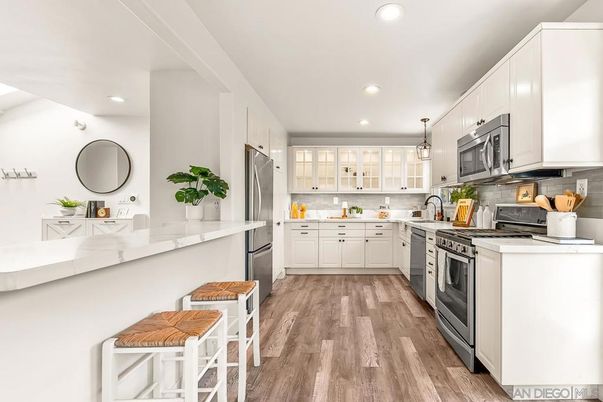 Interior, Kitchen, Pendant Lights, Recessed Lighting, Stainless Steel Appliances, Wood Texture Flooring