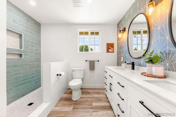 Bathroom, Dual Sink Vanities, Interior, Recessed Lighting, Wood Texture Flooring