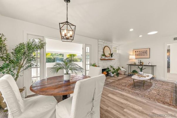 Dining room, Fireplace, Interior, Pendant Lights, Recessed Lighting, Stone Walls, Wood Texture Flooring