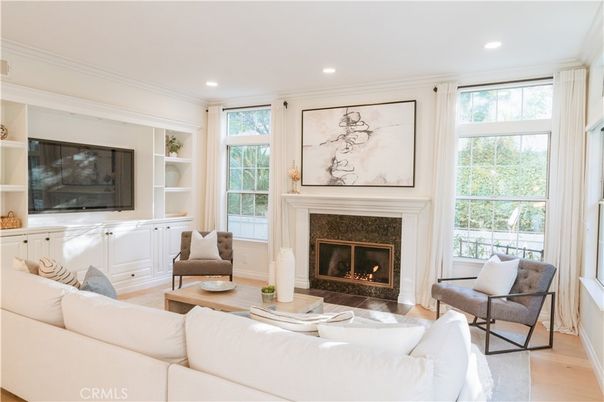 Fireplace, Interior, Living room, Recessed Lighting, Wood Texture Flooring