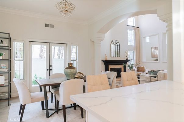 Chandelier, Dining room, Fireplace, Interior, Living room