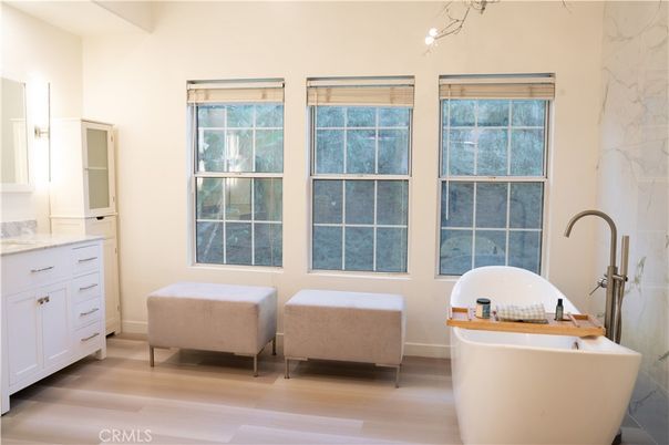 Bathroom, Free Standing Baths, Interior, Marble Walls, Wood Texture Flooring