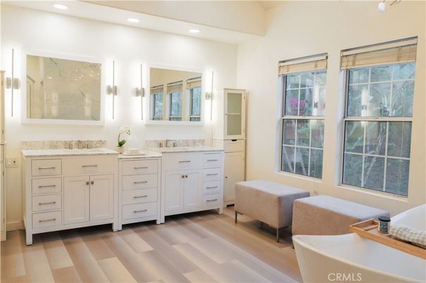 Bathroom, Dual Sink Vanities, Free Standing Baths, Interior, Recessed Lighting, Wood Texture Flooring