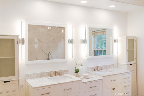 Bathroom, Dual Sink Vanities, Interior, Marble Walls, Recessed Lighting