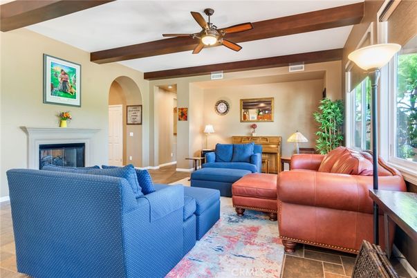 Fireplace, Interior, Living room, Recessed Lighting, Wooden Beams