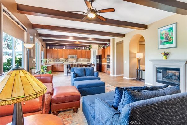 Fireplace, Interior, Kitchen, Living room, Recessed Lighting, Stainless Steel Appliances, Wooden Beams