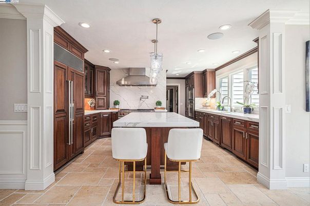 Interior, Kitchen, Marble Walls, Pendant Lights, Recessed Lighting