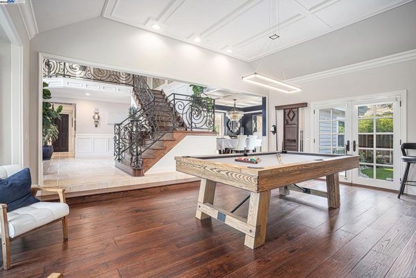 Billiard Table, Game Room, Interior, Pendant Lights, Recessed Lighting, Wood Texture Flooring