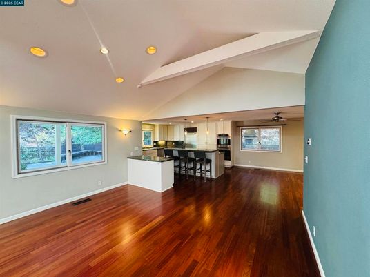 Dining room, Empty room, Interior, Kitchen, Pendant Lights, Recessed Lighting, Wood Texture Flooring