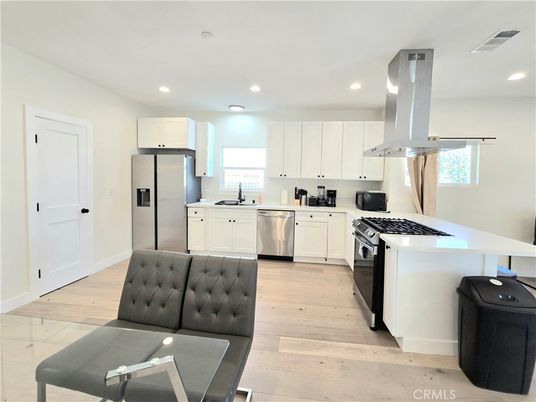 Interior, Kitchen, Recessed Lighting, Stainless Steel Appliances, Wood Texture Flooring