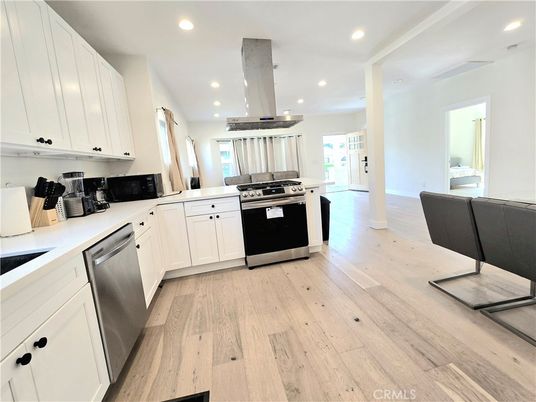 Interior, Kitchen, Recessed Lighting, Stainless Steel Appliances, Wood Texture Flooring