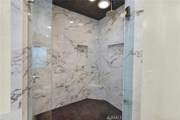 Bathroom, Glass Shower, Interior, Marble Walls, Recessed Lighting