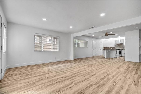 Empty room, Interior, Kitchen, Recessed Lighting, Wood Texture Flooring