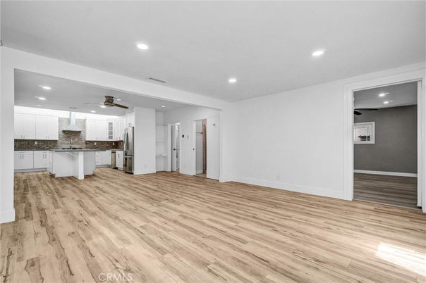 Empty room, Interior, Kitchen, Recessed Lighting, Wood Texture Flooring
