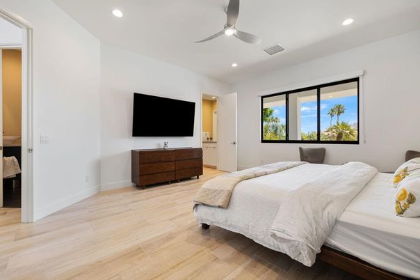 Bedroom, Interior, Recessed Lighting, Wood Texture Flooring