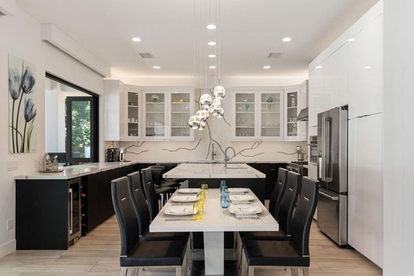 Dining room, Interior, Kitchen, Marble Walls, Pendant Lights, Recessed Lighting, Wood Texture Flooring