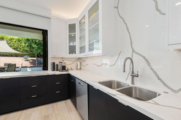 Interior, Kitchen, Marble Walls, Wood Texture Flooring