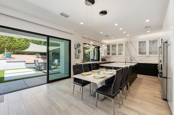 Dining room, Interior, Kitchen, Marble Walls, Pendant Lights, Recessed Lighting, Wood Texture Flooring