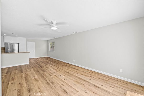 Empty room, Interior, Kitchen, Recessed Lighting, Wood Texture Flooring