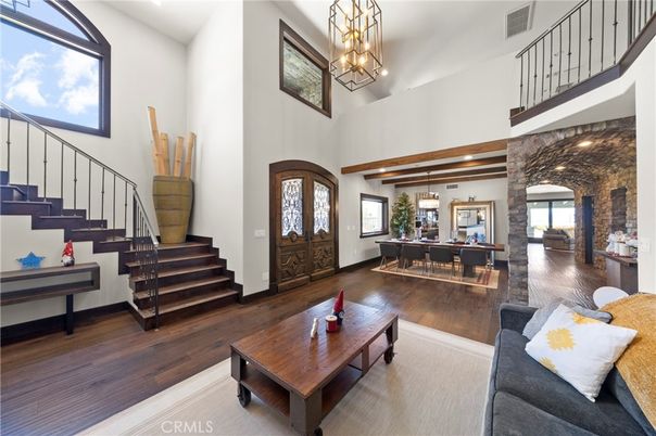 Dining room, Interior, Living room, Pendant Lights, Wooden Beams, Wood Texture Flooring