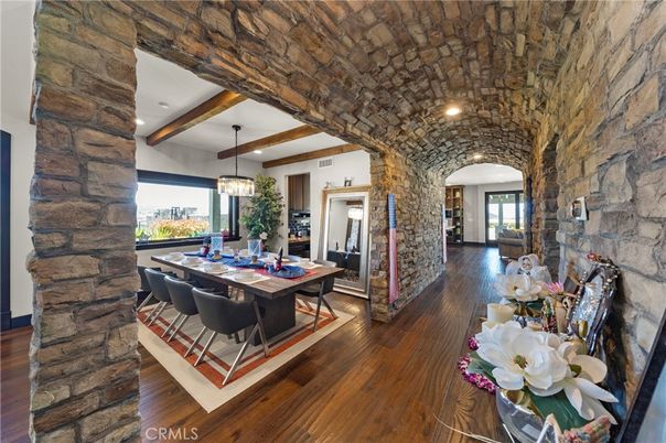 Dining room, Interior, Pendant Lights, Recessed Lighting, Stone Walls, Wooden Beams, Wood Texture Flooring